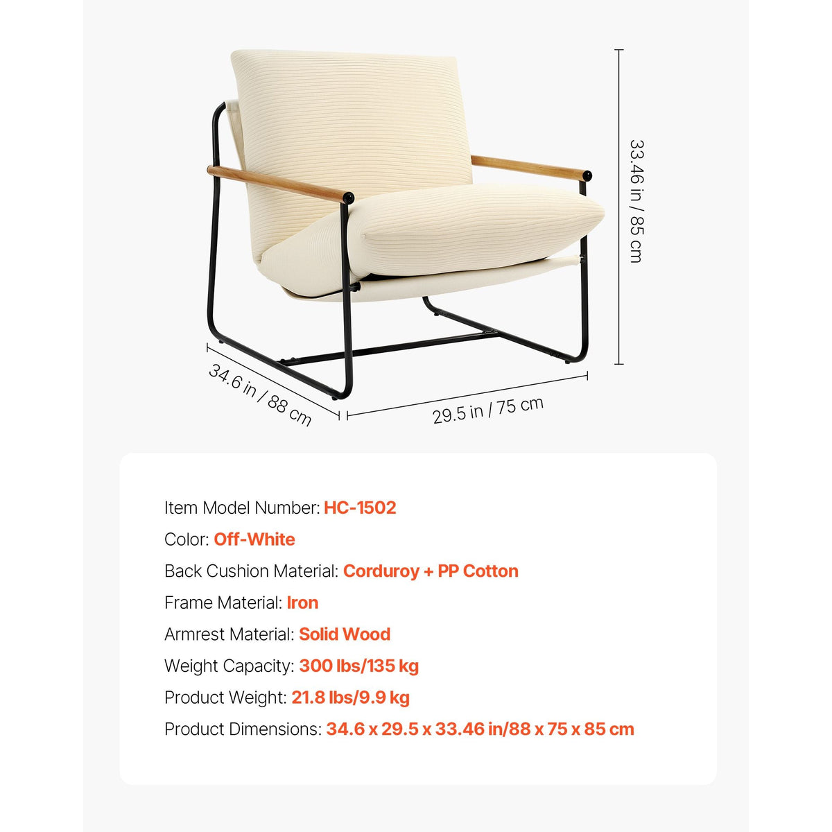Accent Chair, Metal Framed Chair with Wooden Armrests, Modern Cozy Upholstered Armchair, with Soft Foam Cushioning, Detachable Cushion, for Living Room, Bedroom, Reading Room, Office, Beige
