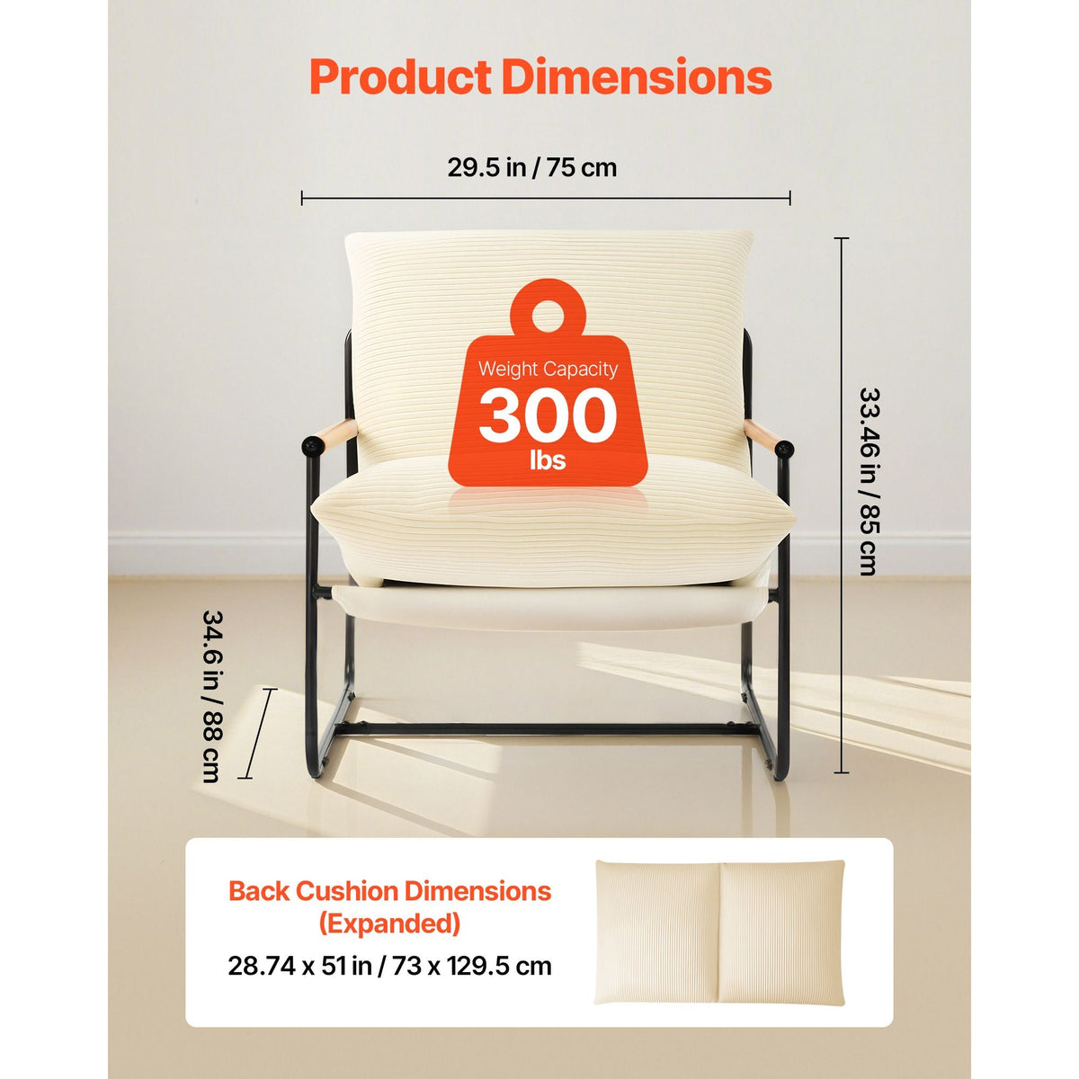 Accent Chair, Metal Framed Chair with Wooden Armrests, Modern Cozy Upholstered Armchair, with Soft Foam Cushioning, Detachable Cushion, for Living Room, Bedroom, Reading Room, Office, Beige