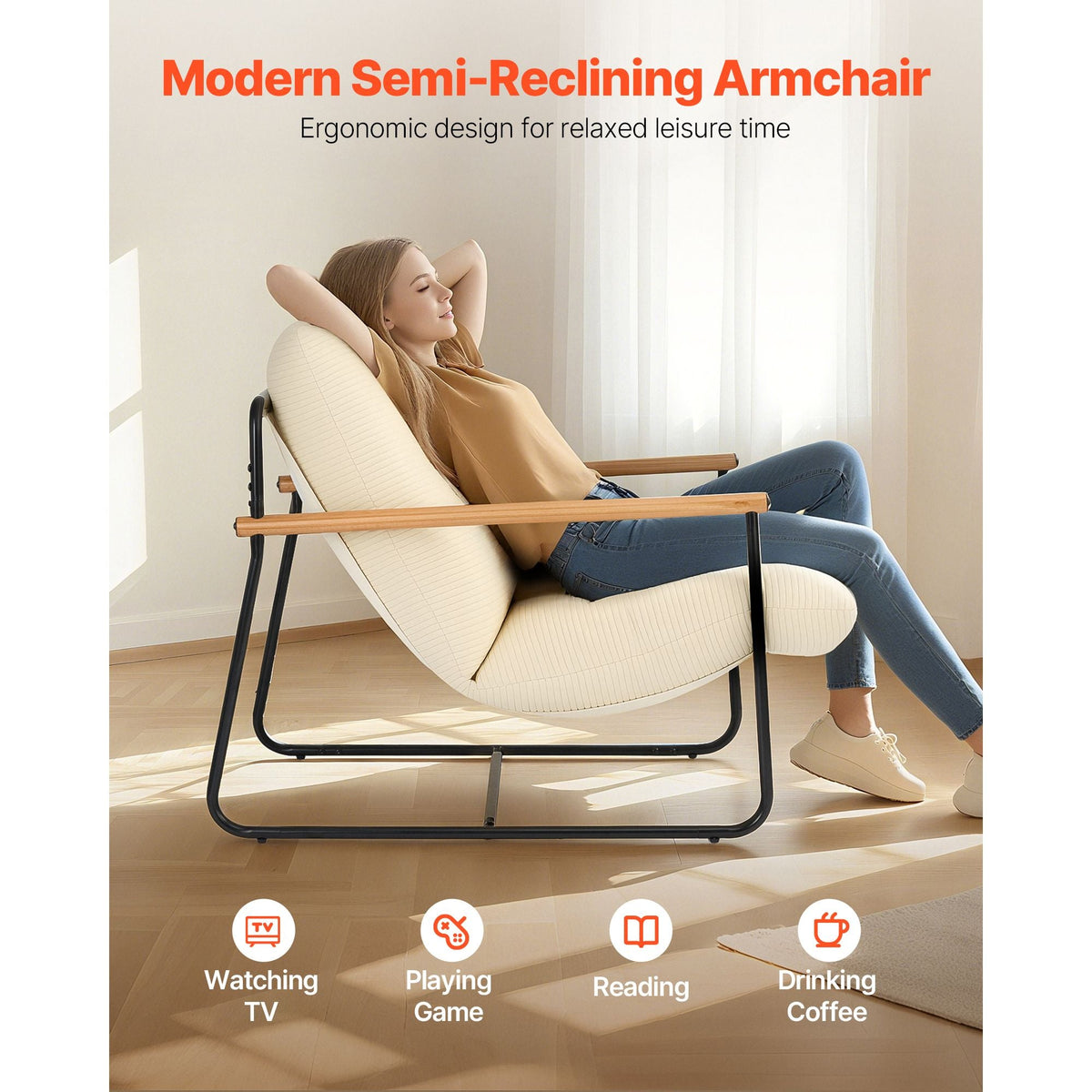 Accent Chair, Metal Framed Chair with Wooden Armrests, Modern Cozy Upholstered Armchair, with Soft Foam Cushioning, Detachable Cushion, for Living Room, Bedroom, Reading Room, Office, Beige