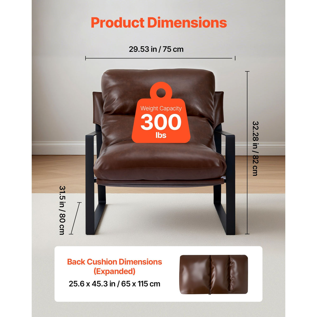 Accent Chair, Modern PU Leather Armchair, Cozy Upholstered Chair, with Soft Foam Cushioning, Sturdy Metal Frame, and Detachable Cushion, for Living Room, Bedroom, Reading Room, Office, Brown