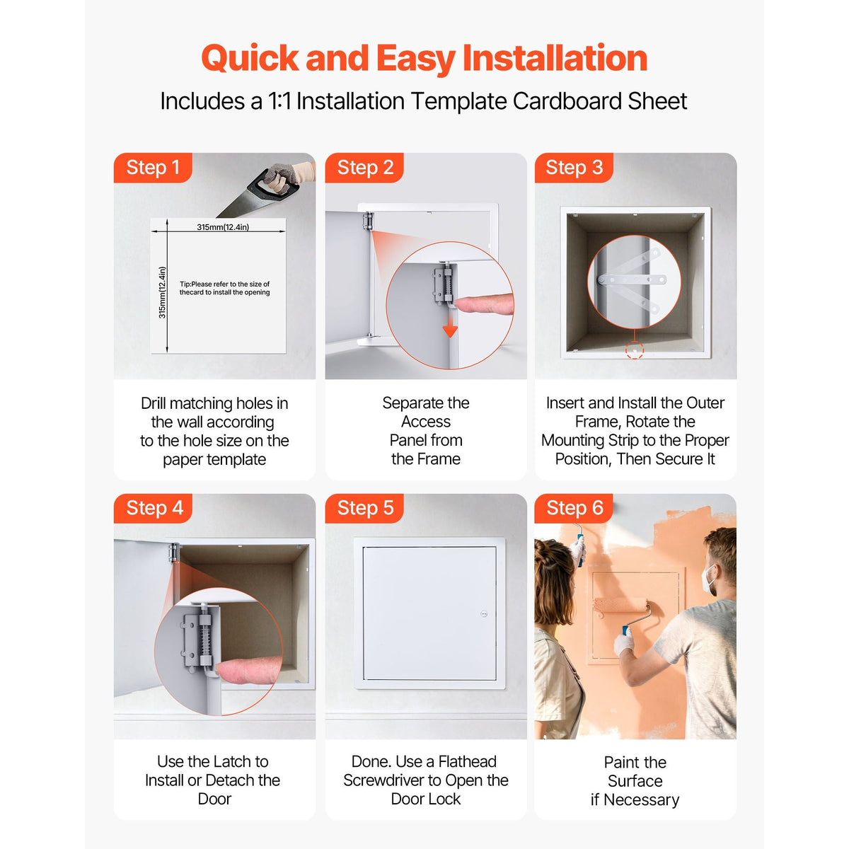 Access Panel for Drywall, 13.3 x 13.3 in Galvanized Steel Access Door, Easy Install Hinged Service Panel with Screwdriver Latch, for Ceiling Plumbing Electrical, 12.4 x 12.4 in Cutout Size White