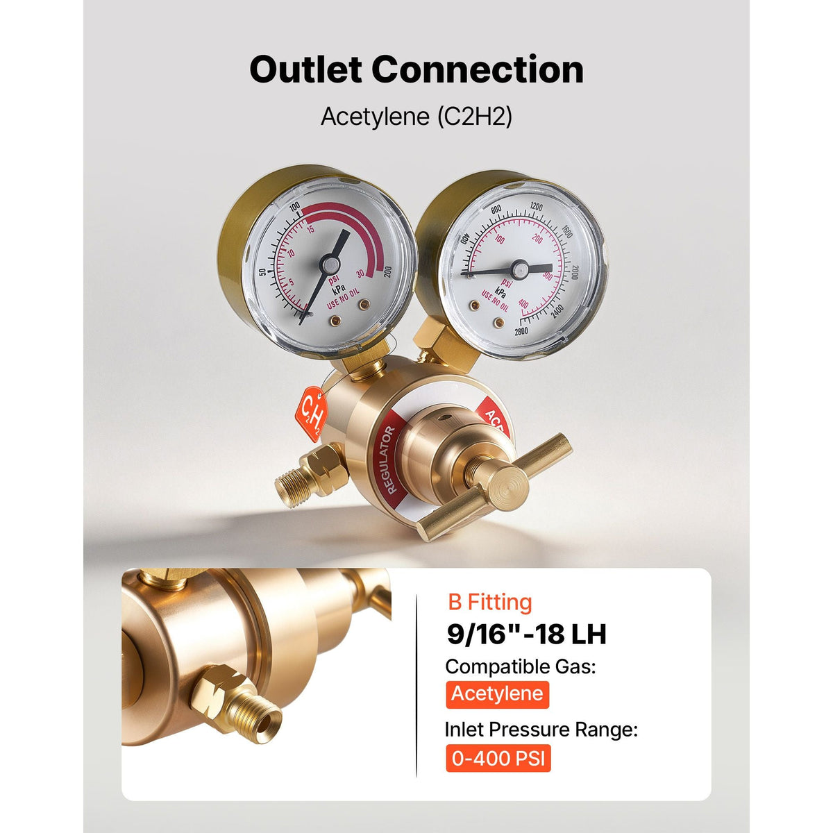 Acetylene Regulator, Precise Acetylene Regulator, 0-400PSI Welding Gas Gauge with CGA-200 Inlet Connection & 9/16"-18 LH Outlet Connection, T-Handle Adjustment