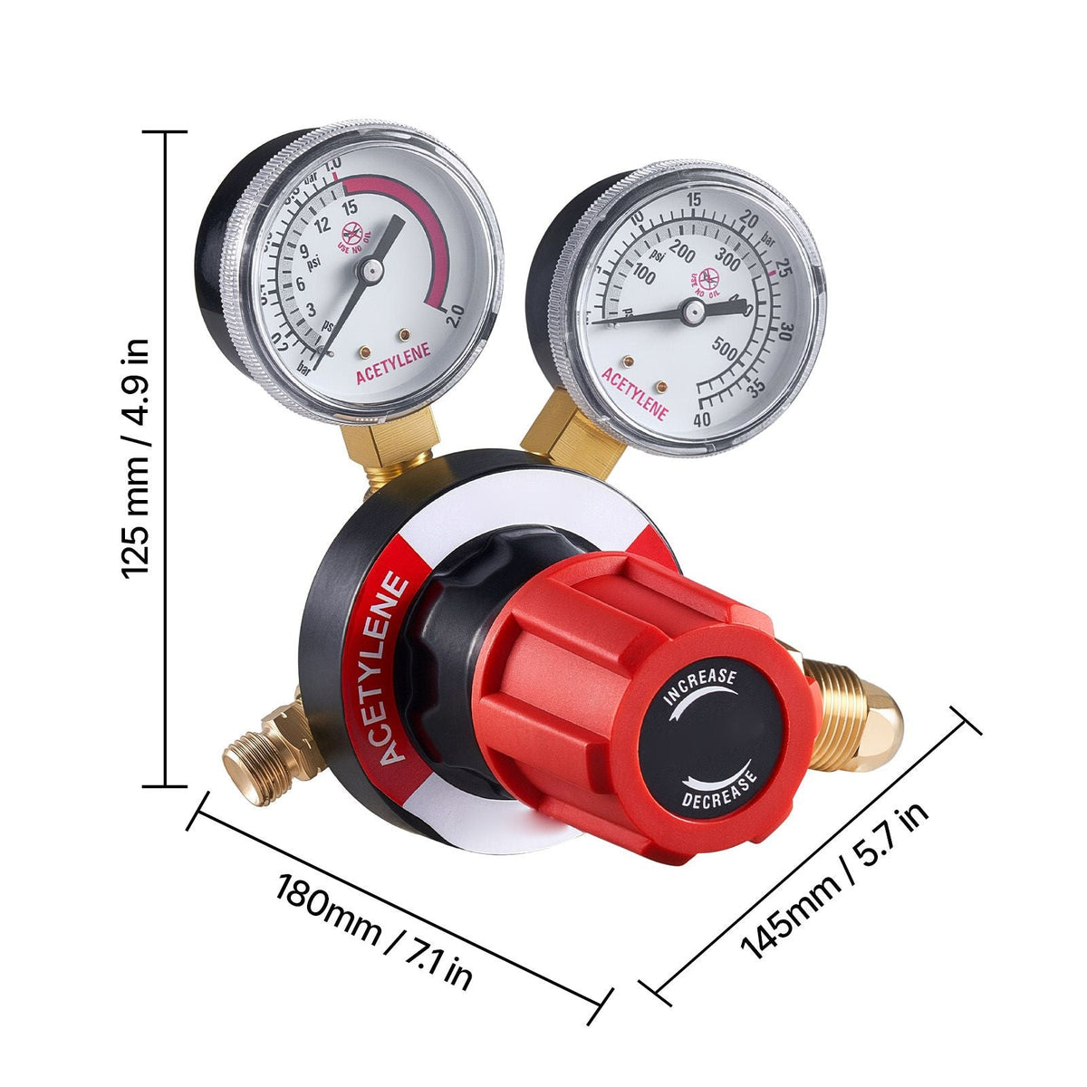 Acetylene Regulator, Precise Acetylene Regulator, 0-500PSI Welding Gas Gauge with CGA-510 Inlet Connection & 9/16"-18 LH Outlet Connection, PC Knob Adjustment