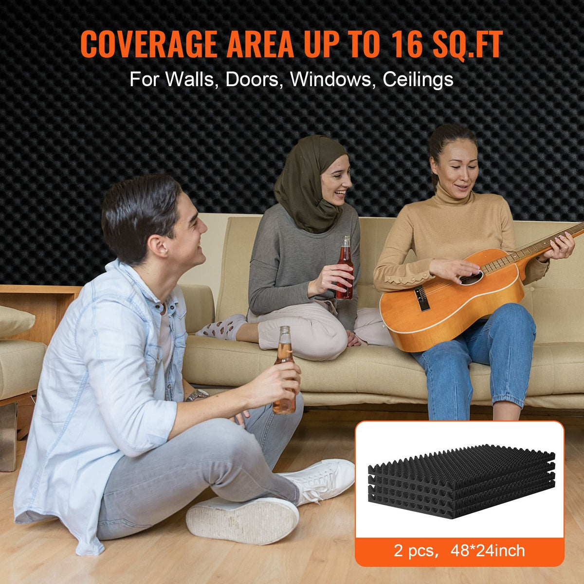 Acoustic Foam Panels, 2 Pack 48 x 24 x 2 inches, Egg Designed Soundproof Wall Panels,Fire-Resistant Acoustic Panels,Sound Dampening Absorbing Panels for Studio Wall and Ceiling,Black