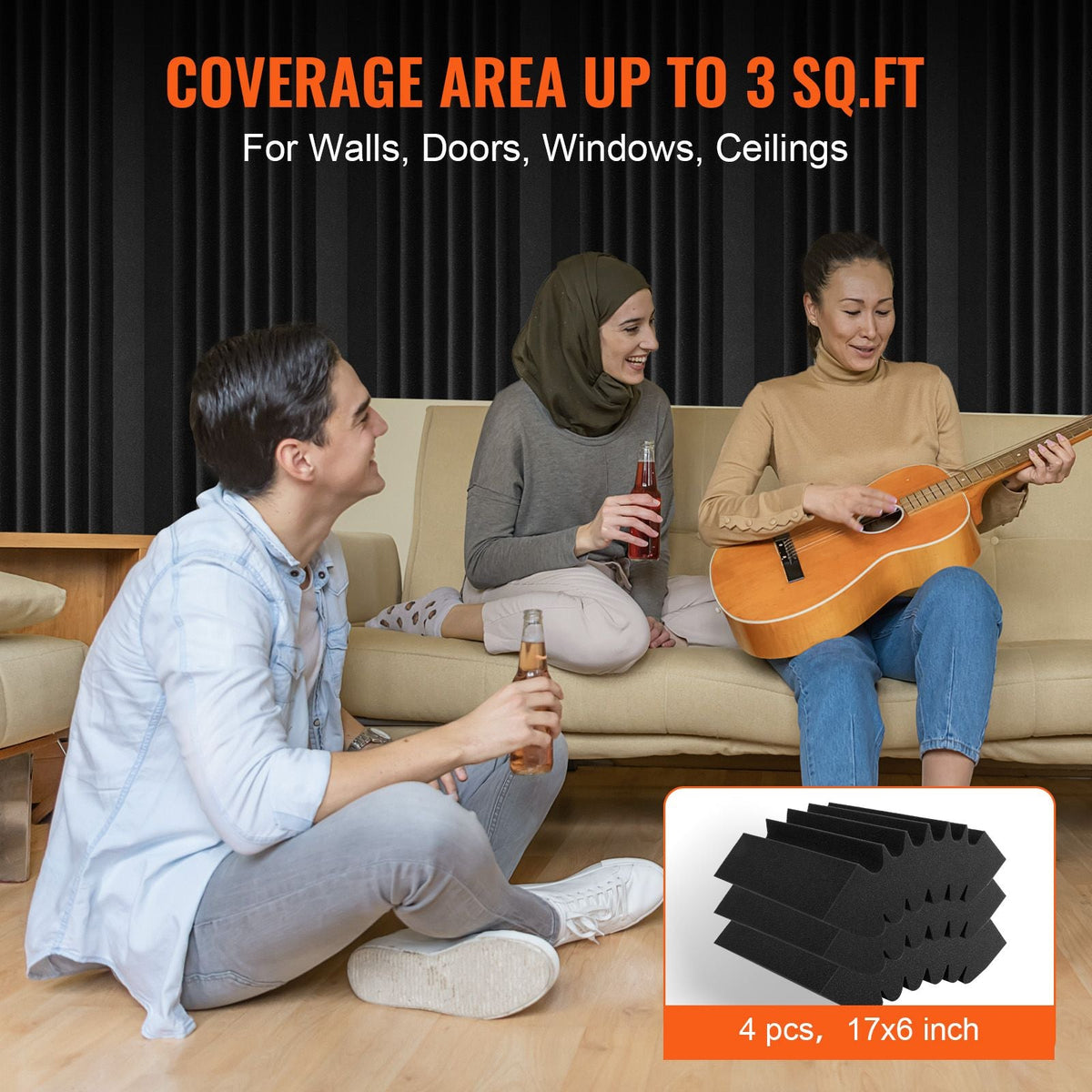 Acoustic Foam Panels, 4 Pack 16.5 x 6.3 x 12 inches, Adhesive High Density Soundproof Wall Panels,Fire-Resistant Acoustic Panel,Sound Dampening Absorbing Panel for Studio Wall and Ceiling,Black