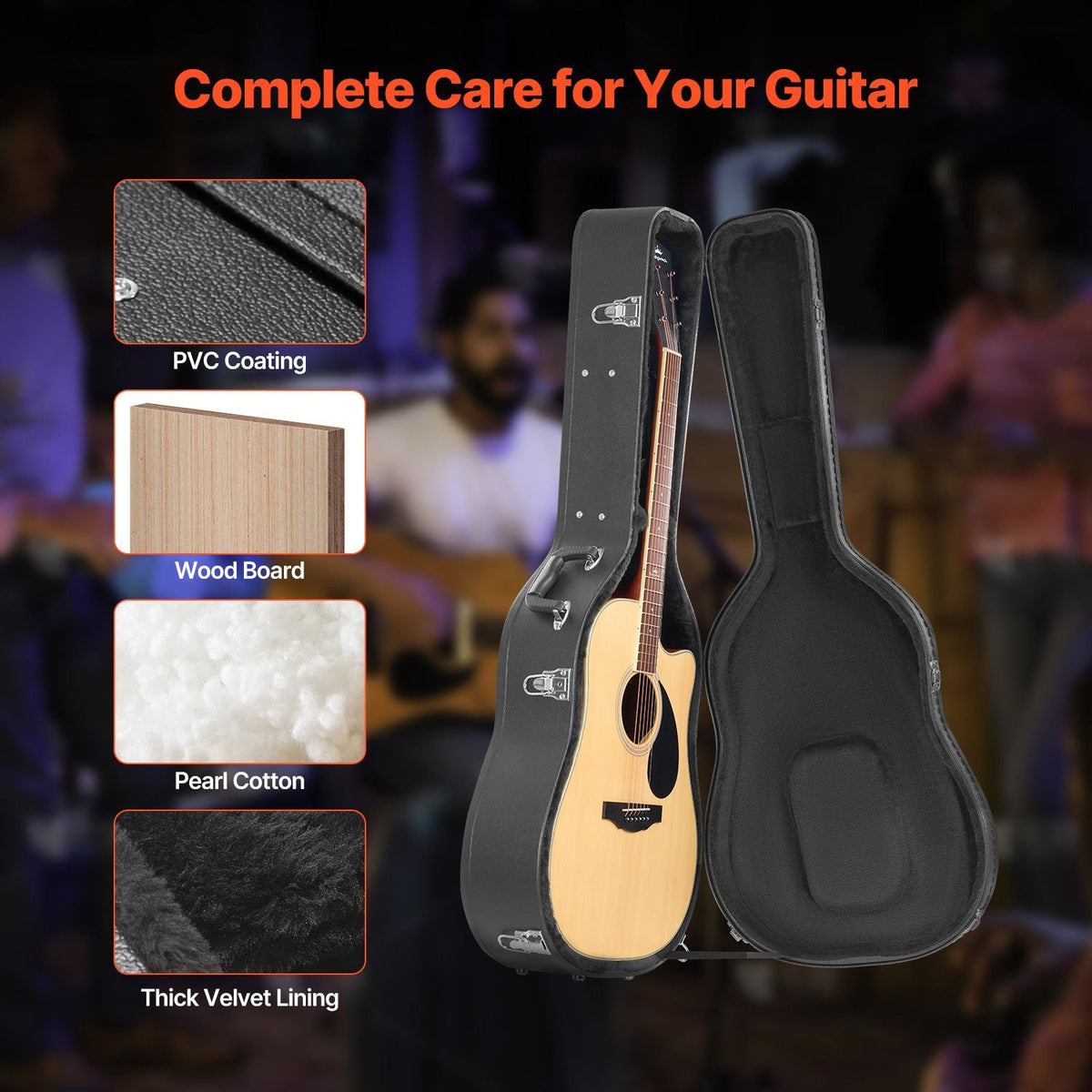 Acoustic Guitar Hard Case, 43.31 in Gourd-Shaped Guitar Hard Case, With Lock Latch Key Handle, PVC Padding Soft Lining Water-Resistant Hard Shell Guitar Case, for 39-41 in Acoustic Guitar, Black