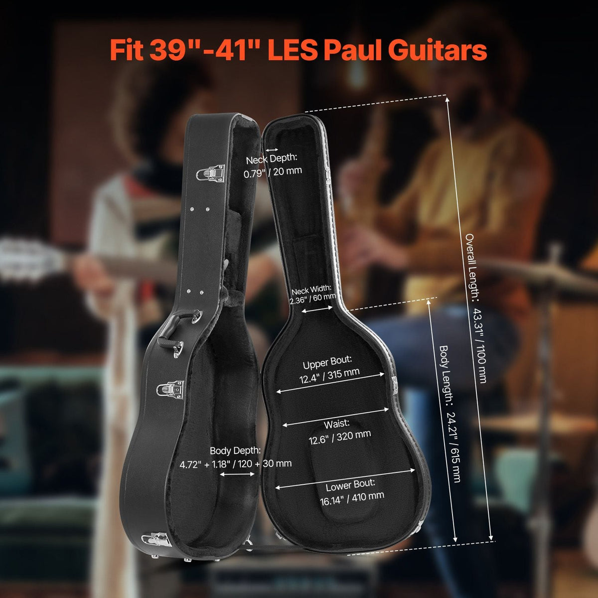 Acoustic Guitar Hard Case, 43.31 in Gourd-Shaped Guitar Hard Case, With Lock Latch Key Handle, PVC Padding Soft Lining Water-Resistant Hard Shell Guitar Case, for 39-41 in Acoustic Guitar, Black