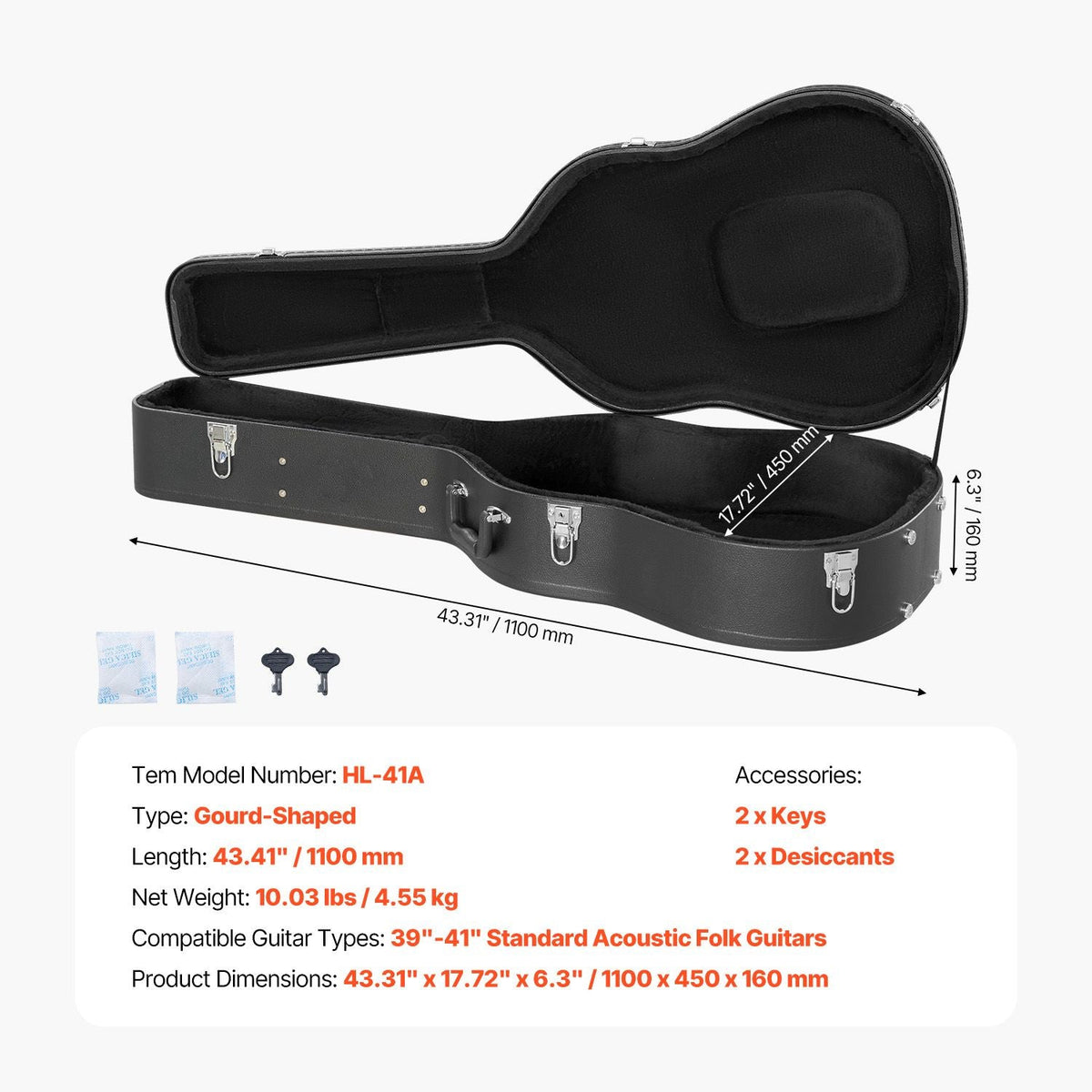 Acoustic Guitar Hard Case, 43.31 in Gourd-Shaped Guitar Hard Case, With Lock Latch Key Handle, PVC Padding Soft Lining Water-Resistant Hard Shell Guitar Case, for 39-41 in Acoustic Guitar, Black