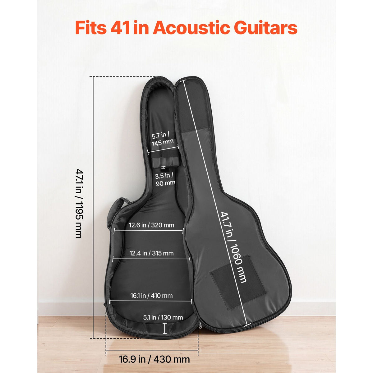 Acoustic Guitar Hard Case, 47.1 Inch, Hard-Shell Protective Travel Carrying Case with Accessory Compartment, Foam Padding, Portable Handle, Shoulder Straps, for 41 Inch Acoustic Guitars, Black