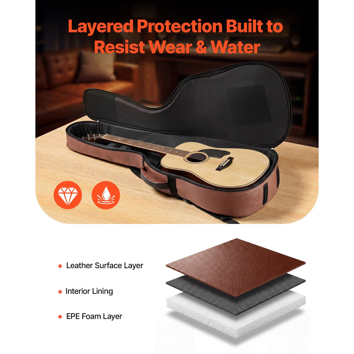 Acoustic Guitar Hard Case, 47.1 Inch, Hard-Shell Protective Travel Carrying Case with Accessory Compartment, Foam Padding, Portable Handle, Shoulder Straps, for 41 Inch Acoustic Guitars, Brown