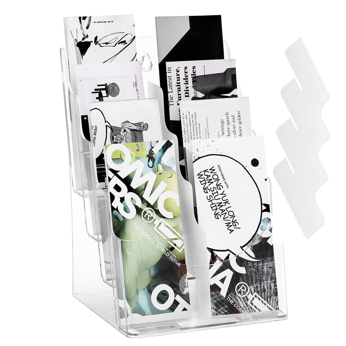 Acrylic Brochure Holder 8.5 x 11 inch, 4-Tier Clear Acrylic Literature Display Stand, Plastic Literature Organizer Flyer Stand & Removable Divider for Office Exhibition, Countertop or Wall Mount