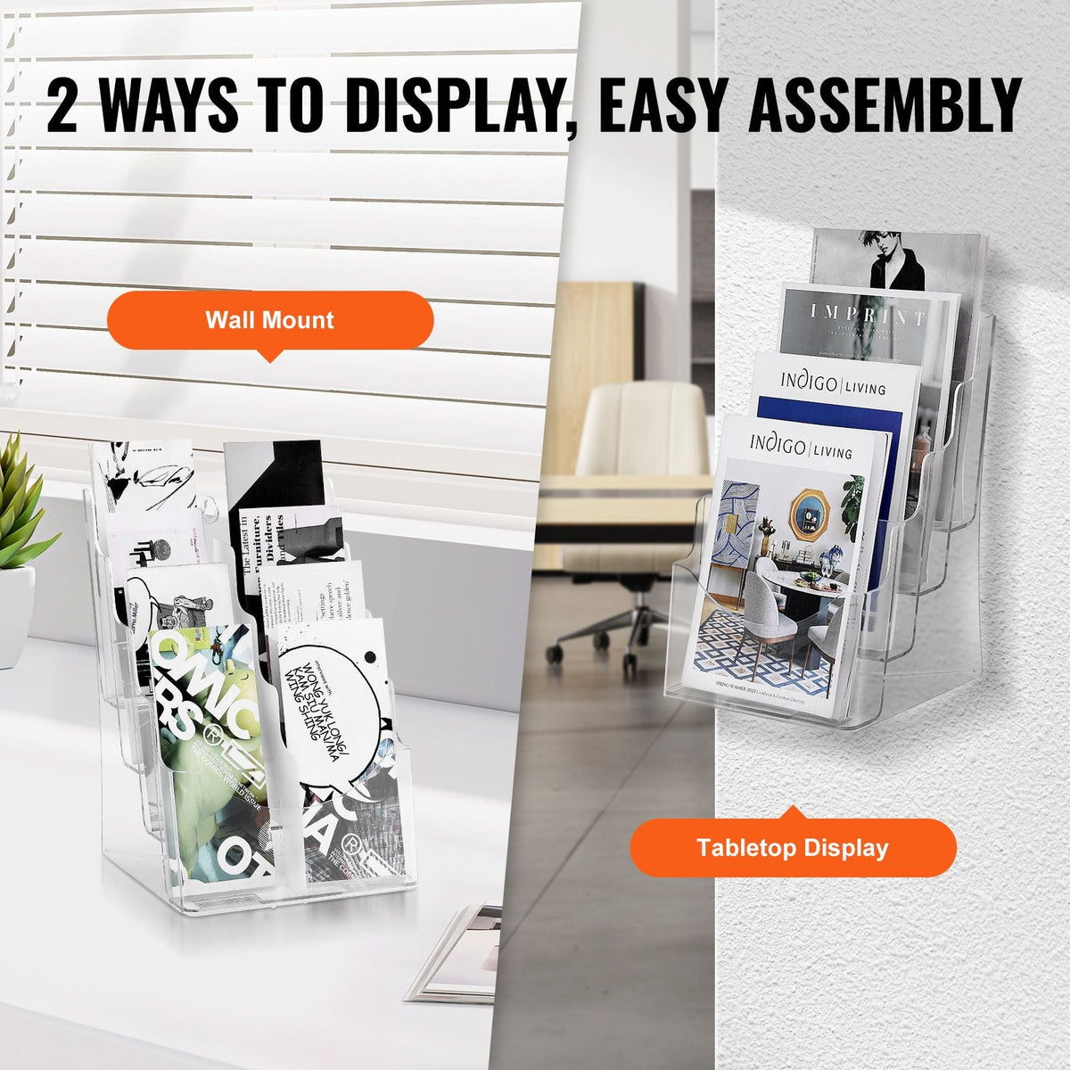 Acrylic Brochure Holder 8.5 x 11 inch, 4-Tier Clear Acrylic Literature Display Stand, Plastic Literature Organizer Flyer Stand & Removable Divider for Office Exhibition, Countertop or Wall Mount
