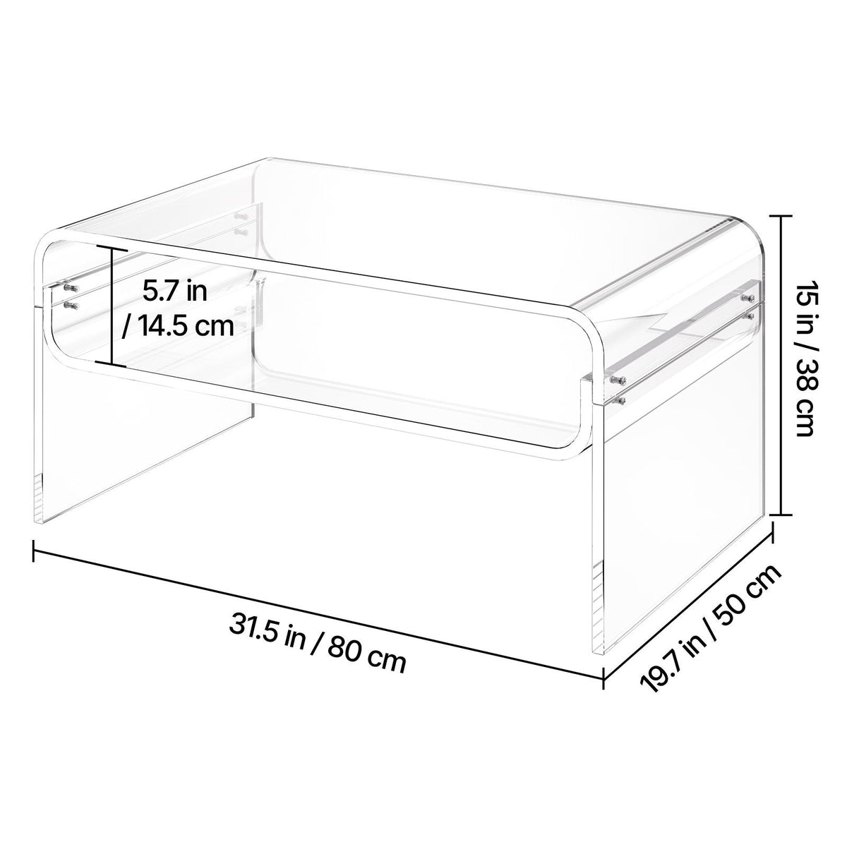 Acrylic Coffee Table, 2 Tiers Center Table with Storage Shelf, Modern Rectangle Acrylic Coffee Desk, Ideal for Dining Room, Kitchen Island, Restaurant, Office, 19.7 x 31.5 x 15 in (Clear)