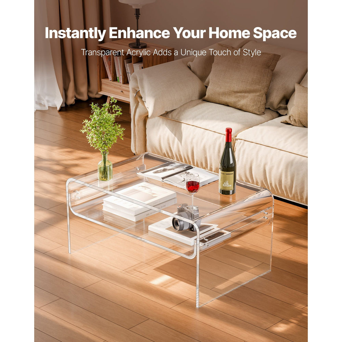 Acrylic Coffee Table, 2 Tiers Center Table with Storage Shelf, Modern Rectangle Acrylic Coffee Desk, Ideal for Dining Room, Kitchen Island, Restaurant, Office, 19.7 x 31.5 x 15 in (Clear)