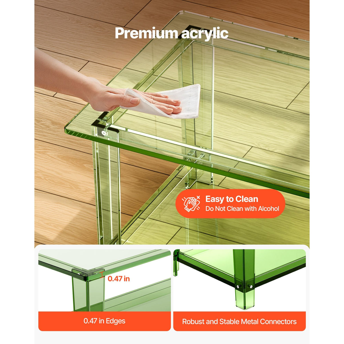 Acrylic Coffee Table, 2 Tiers Center Table with Storage Shelf, Modern Rectangle Acrylic Coffee Desk, Ideal for Dining Room, Kitchen Island, Restaurant, Office, 19.7 x 31.5 x 15.7 in (Green)