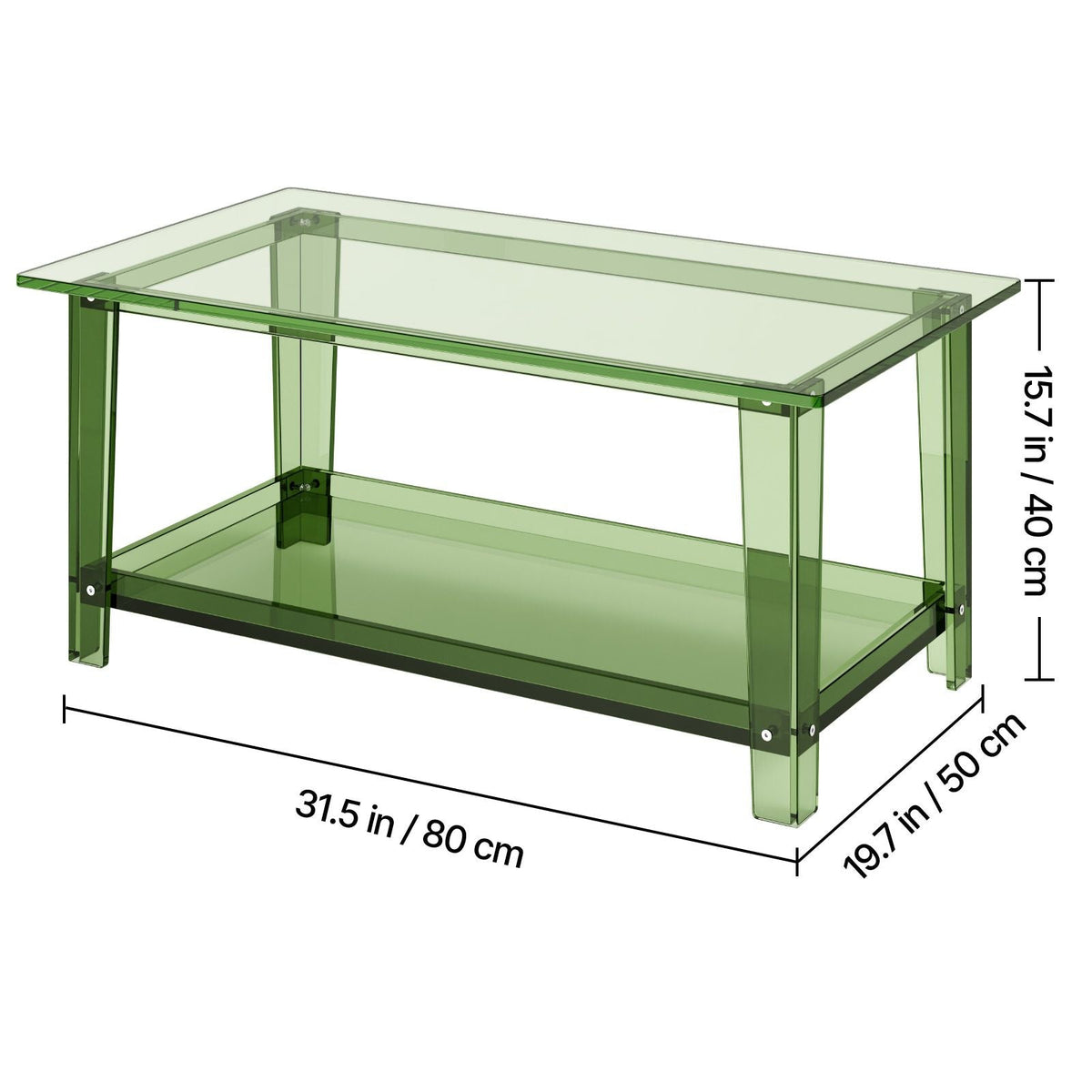 Acrylic Coffee Table, 2 Tiers Center Table with Storage Shelf, Modern Rectangle Acrylic Coffee Desk, Ideal for Dining Room, Kitchen Island, Restaurant, Office, 19.7 x 31.5 x 15.7 in (Green)