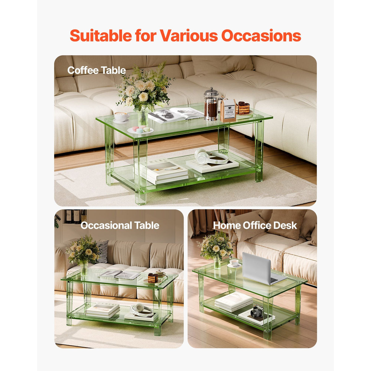 Acrylic Coffee Table, 2 Tiers Center Table with Storage Shelf, Modern Rectangle Acrylic Coffee Desk, Ideal for Dining Room, Kitchen Island, Restaurant, Office, 19.7 x 31.5 x 15.7 in (Green)