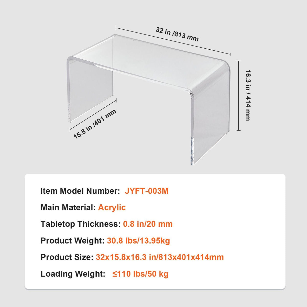 Acrylic Coffee Table, C-Shaped Clear Acrylic End Table, 16.3 inch high Transparent Acrylic Side Table, for Coffee, Drink, Food, Snack used in Living Room, Courtyard, Terrace