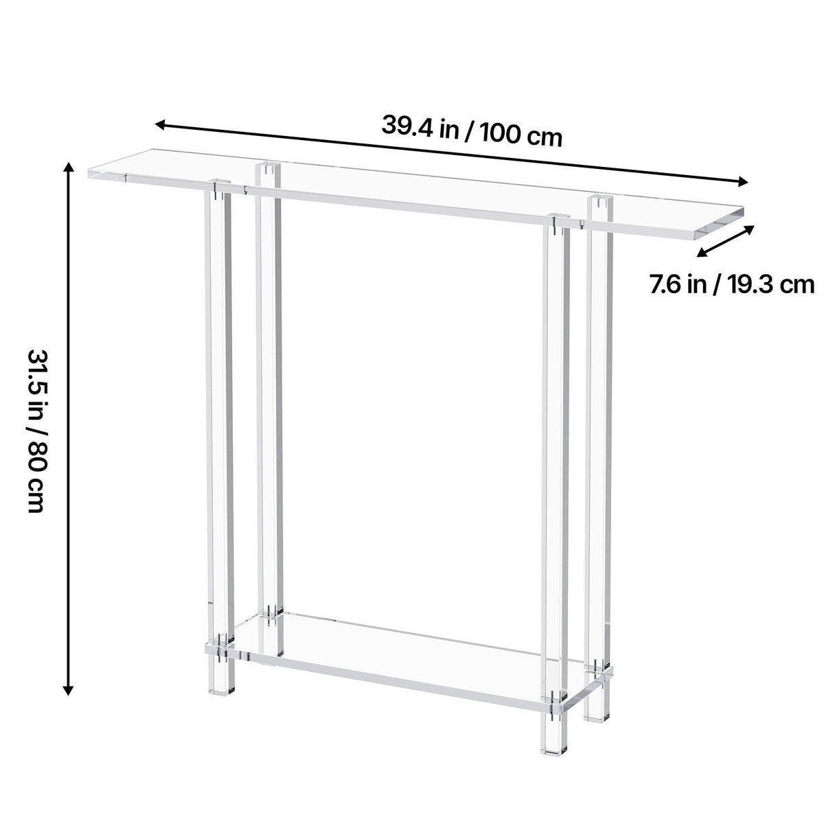 Acrylic Console Table, 2 Tiers Narrow Side Desk with Bottom Open Storage, Modern Rectangle Acrylic End Table, Transparent Entry Desk for Foyer, Hallway, Living Room, 7.6 x 39.4 x 31.5 in (Clear)