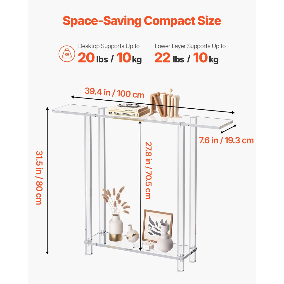 Acrylic Console Table, 2 Tiers Narrow Side Desk with Bottom Open Storage, Modern Rectangle Acrylic End Table, Transparent Entry Desk for Foyer, Hallway, Living Room, 7.6 x 39.4 x 31.5 in (Clear)