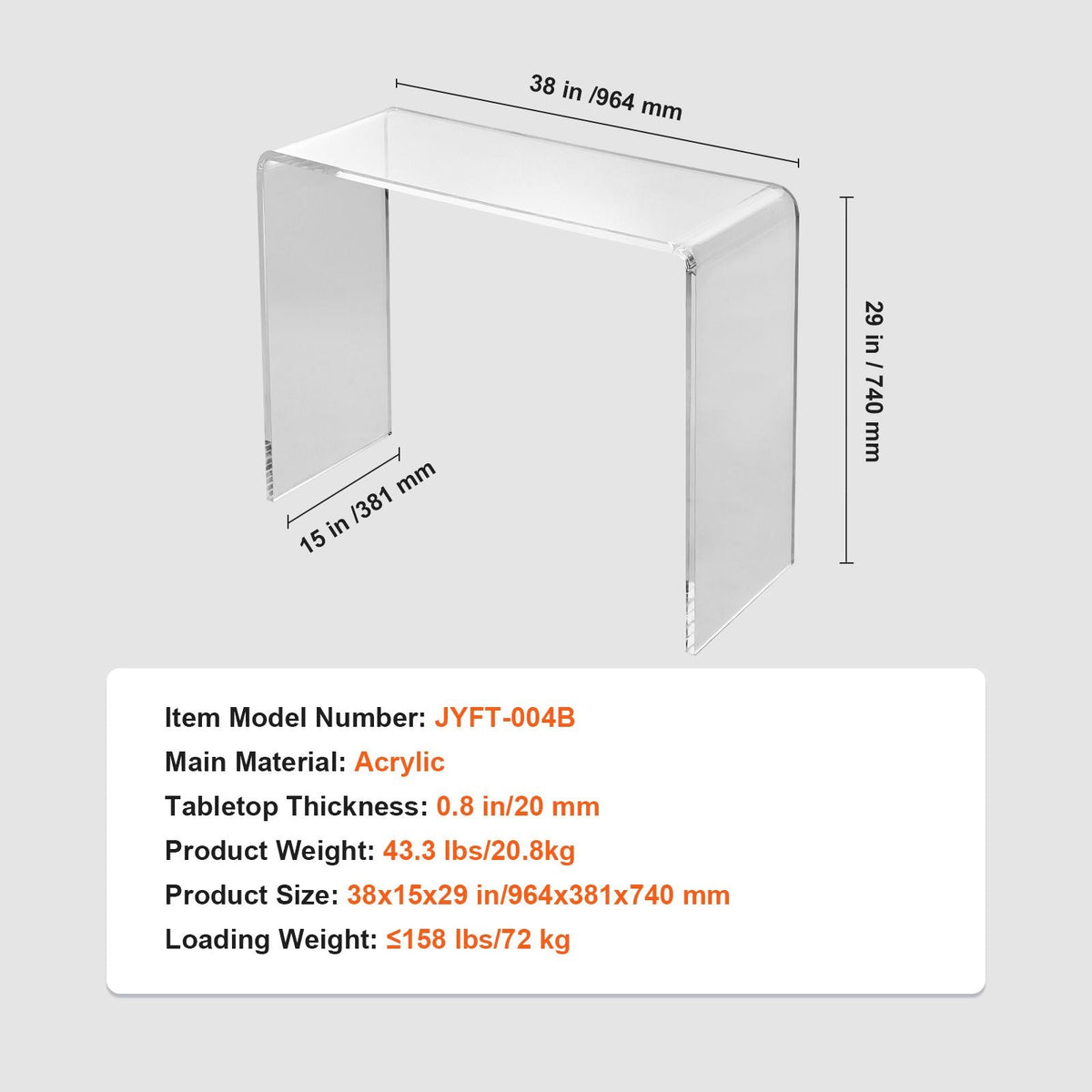 Acrylic Console Table, Clear Acrylic End Table, Transparent Acrylic Side Table 37.95x15x29.13 inch, for Foyer, Living Room, Dining Room