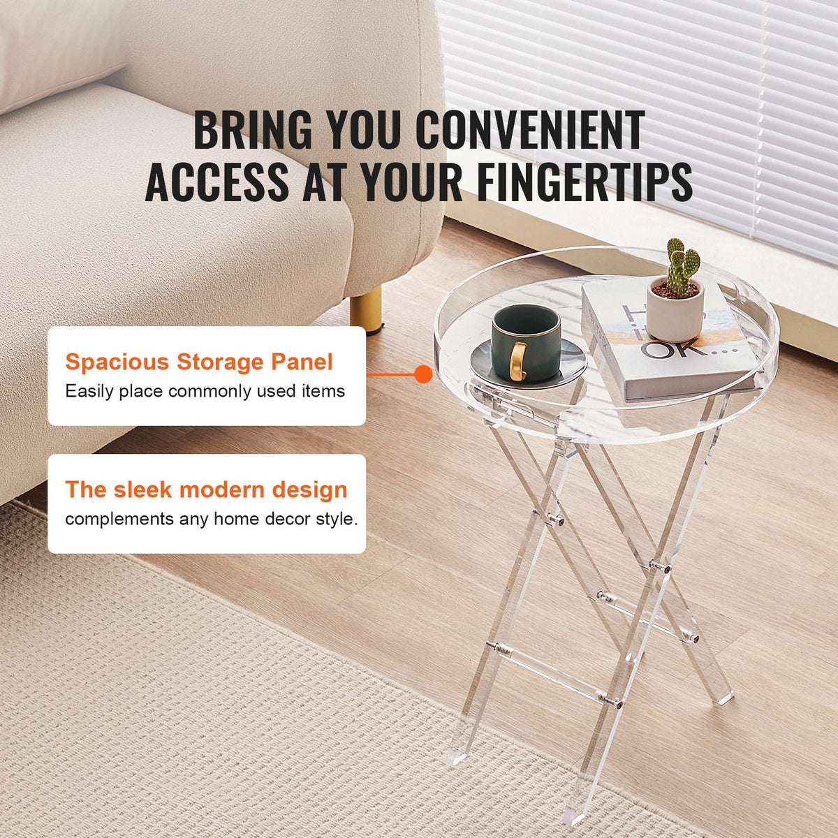 Acrylic Folding Tray Table, Acrylic End Table with Folding X Leg, Clear Acrylic Side Table for Coffee, Drink, Food, Snack used in Living Room, Bedroom, and Study