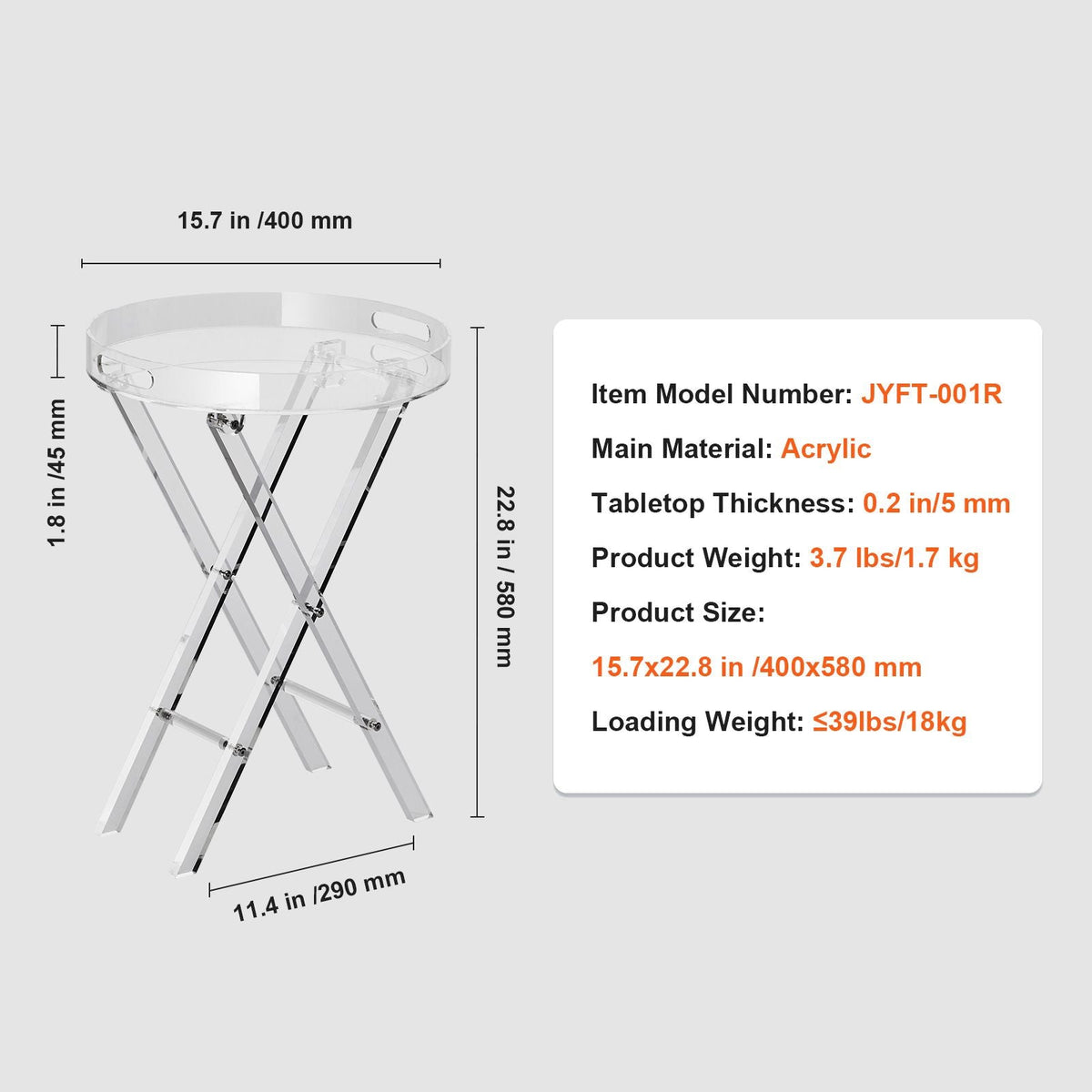 Acrylic Folding Tray Table, Acrylic End Table with Folding X Leg, Clear Acrylic Side Table for Coffee, Drink, Food, Snack used in Living Room, Bedroom, and Study