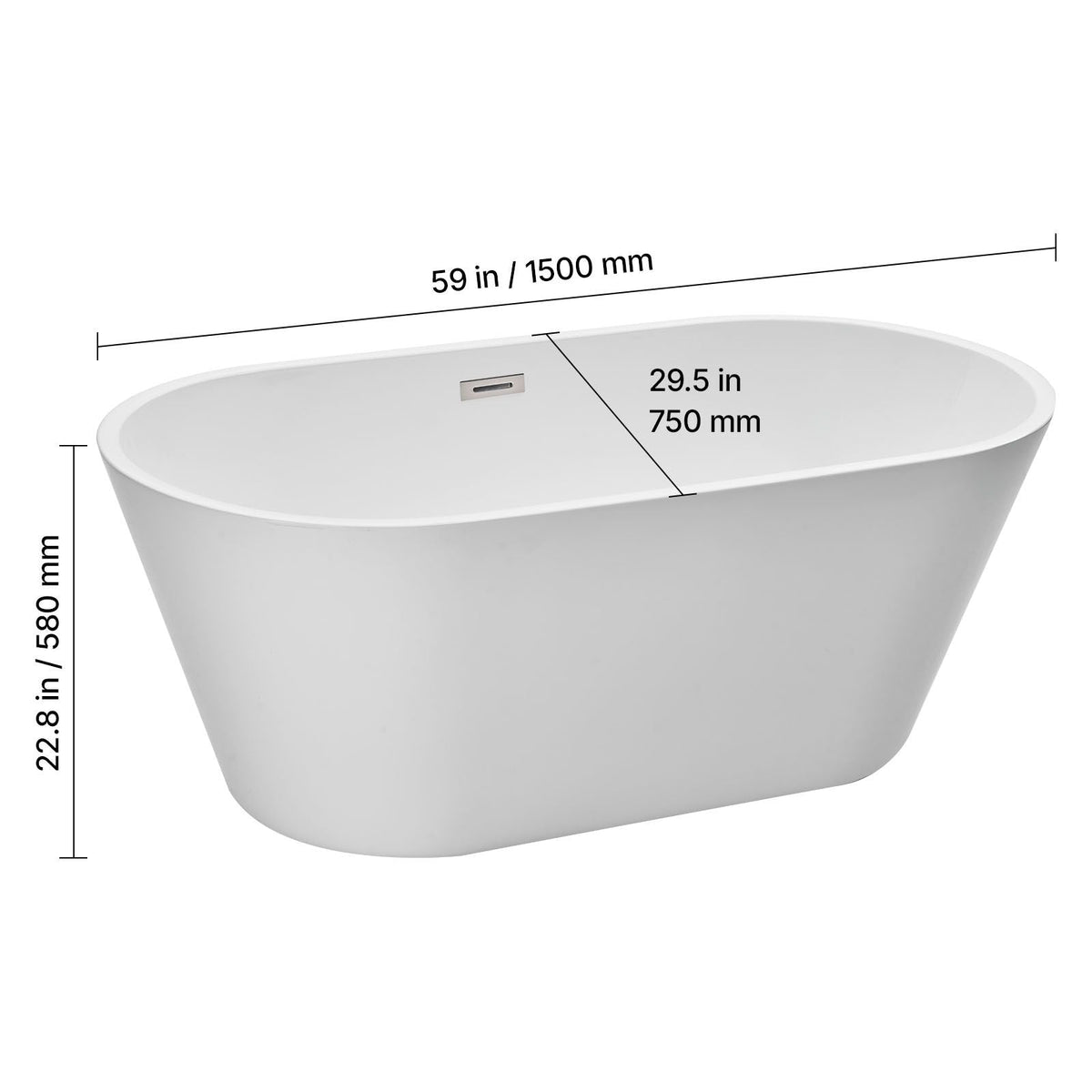 Acrylic Freestanding Bathtub, 59 Inch Contemporary Soaking White Tub with Brushed Nickel Overflow and Drain, Elegant Oval Shape Stand Alone Soaker Tub for Modern Bathroom or Remodel Projects