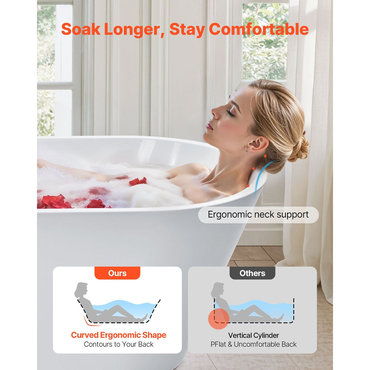 Acrylic Freestanding Bathtub, 59 Inch Contemporary Soaking White Tub with Brushed Nickel Overflow and Drain, Elegant Oval Shape Stand Alone Soaker Tub for Modern Bathroom or Remodel Projects