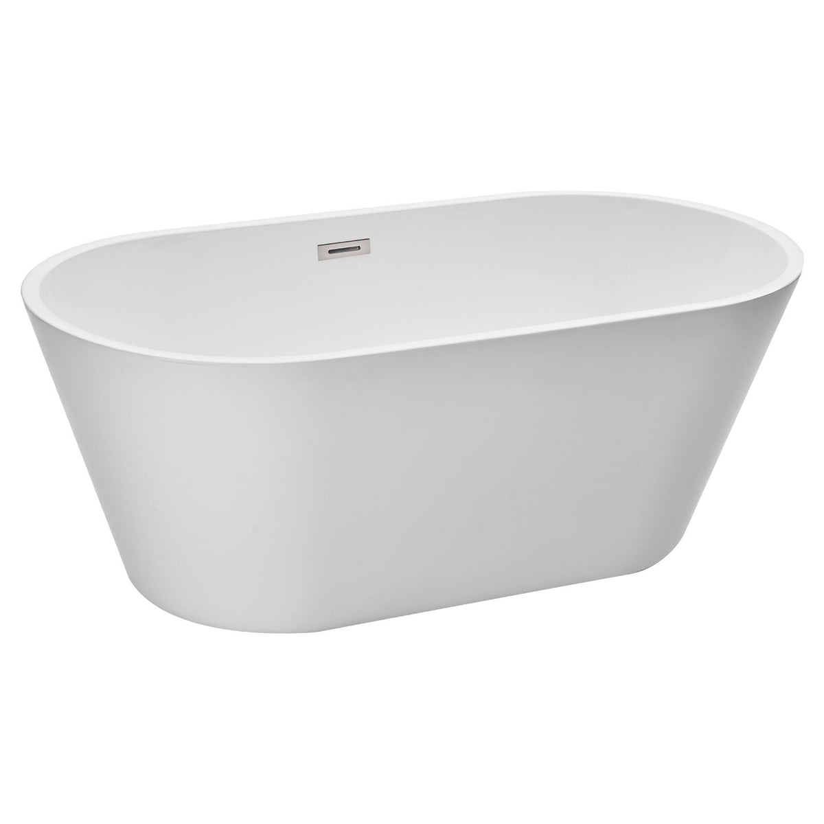 Acrylic Freestanding Bathtub, 59 Inch Contemporary Soaking White Tub with Brushed Nickel Overflow and Drain, Elegant Oval Shape Stand Alone Soaker Tub for Modern Bathroom or Remodel Projects