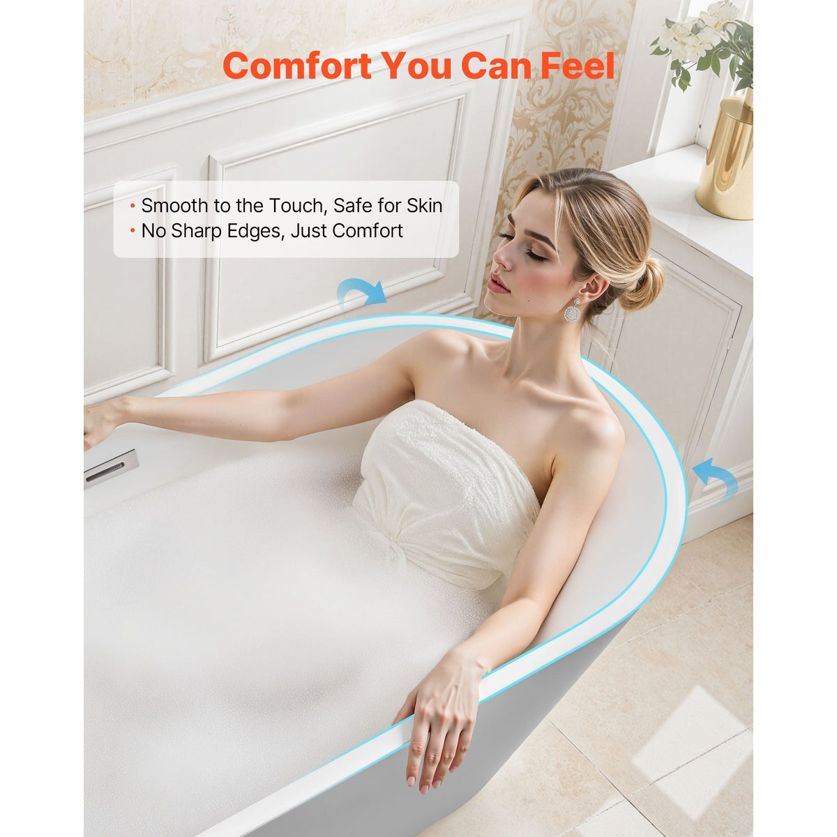 Acrylic Freestanding Bathtub, 59 Inch Contemporary Soaking White Tub with Brushed Nickel Overflow and Drain, Elegant Oval Shape Stand Alone Soaker Tub for Modern Bathroom or Remodel Projects