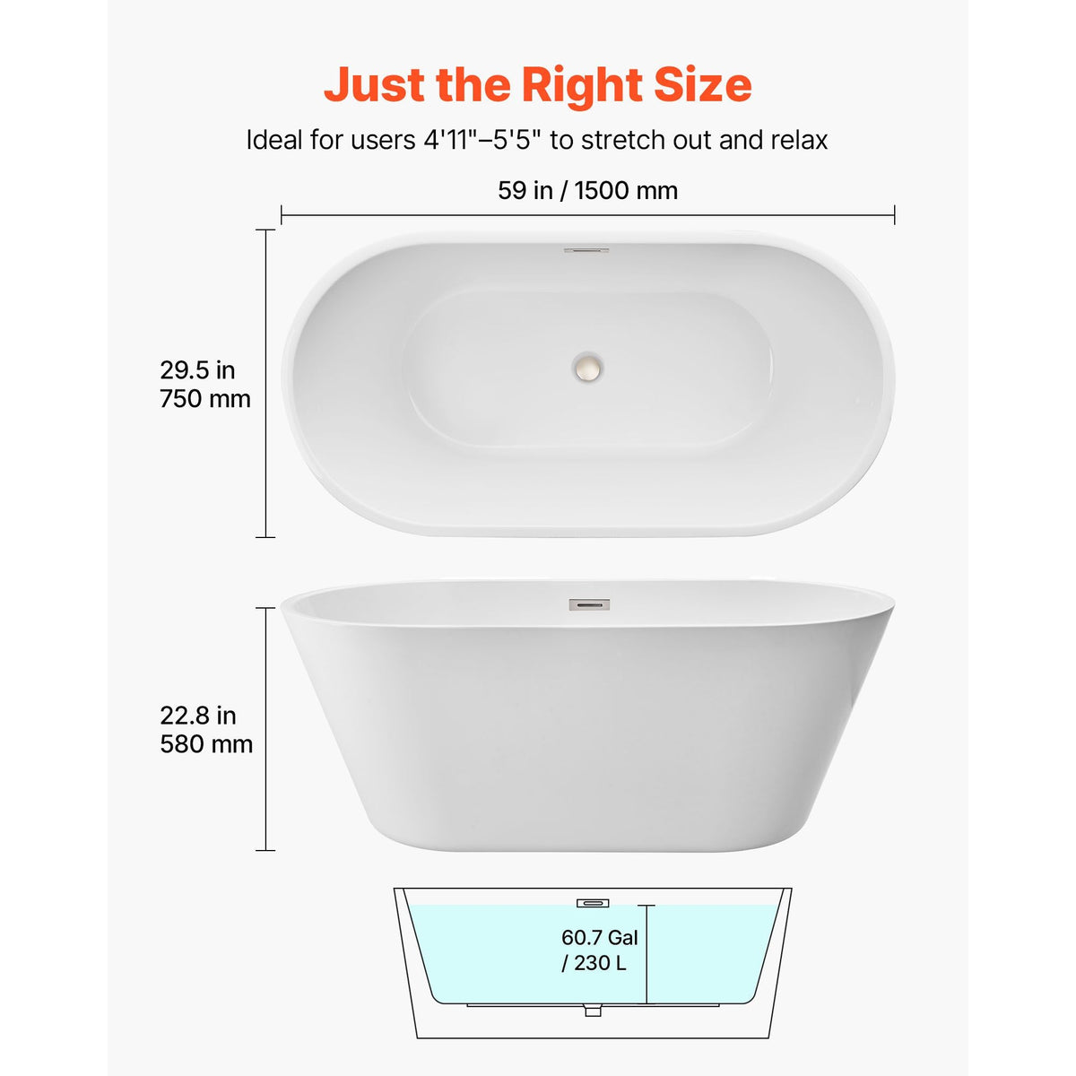 Acrylic Freestanding Bathtub, 59 Inch Contemporary Soaking White Tub with Brushed Nickel Overflow and Drain, Elegant Oval Shape Stand Alone Soaker Tub for Modern Bathroom or Remodel Projects