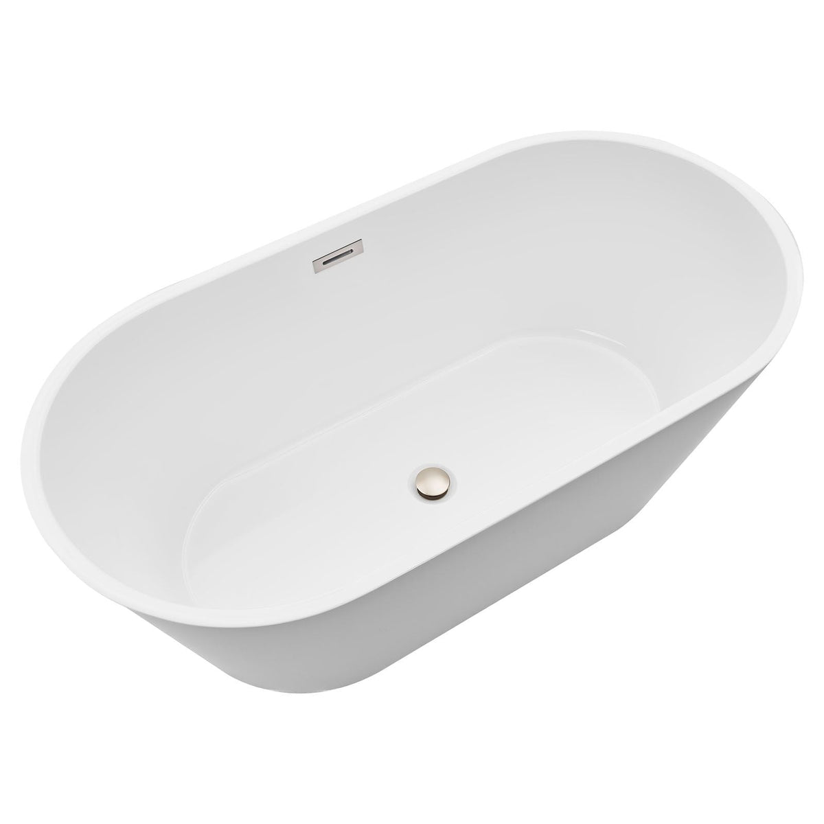 Acrylic Freestanding Bathtub, 59 Inch Contemporary Soaking White Tub with Brushed Nickel Overflow and Drain, Elegant Oval Shape Stand Alone Soaker Tub for Modern Bathroom or Remodel Projects