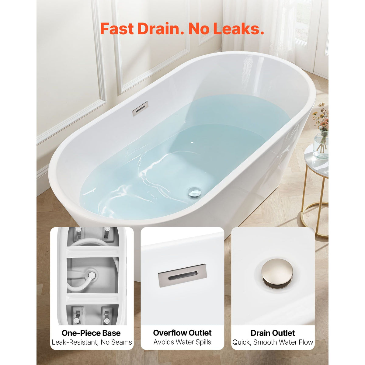Acrylic Freestanding Bathtub, 59 Inch Contemporary Soaking White Tub with Brushed Nickel Overflow and Drain, Elegant Oval Shape Stand Alone Soaker Tub for Modern Bathroom or Remodel Projects