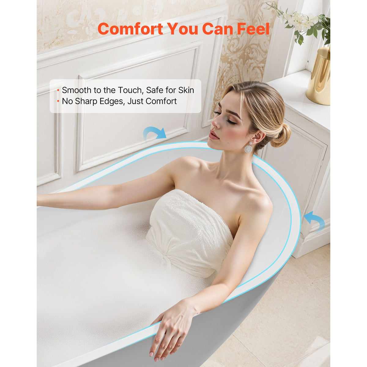 Acrylic Freestanding Bathtub, 67 Inch Contemporary Soaking White Tub with Brushed Nickel Overflow and Drain, Elegant Oval Shape Stand Alone Soaker Bathtub for Modern Bathroom or Remodel Project