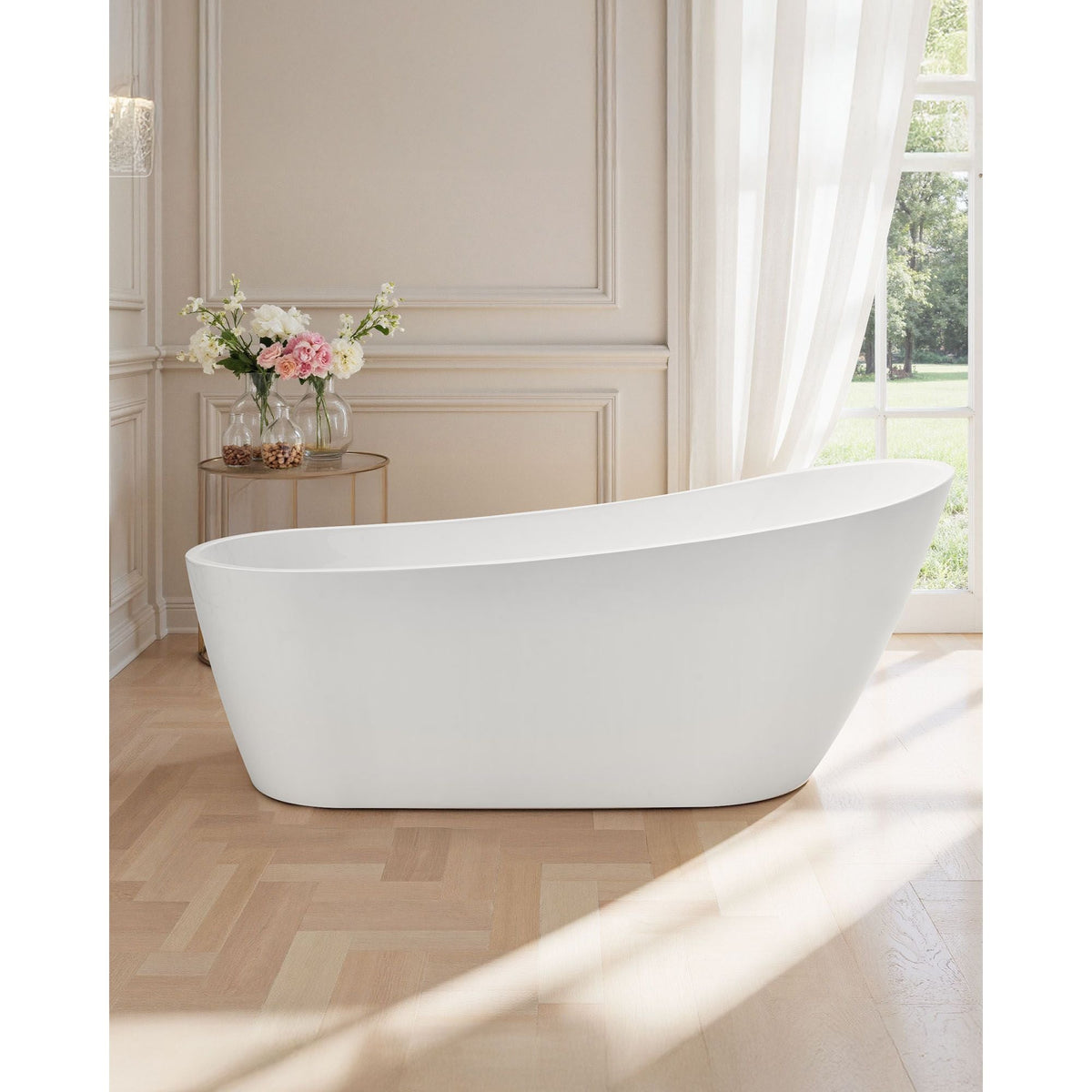 Acrylic Freestanding Bathtub, 67 Inch Contemporary Soaking White Tub with Brushed Nickel Overflow and Drain, Elegant Oval Shape Stand Alone Soaker Bathtub for Modern Bathroom or Remodel Project
