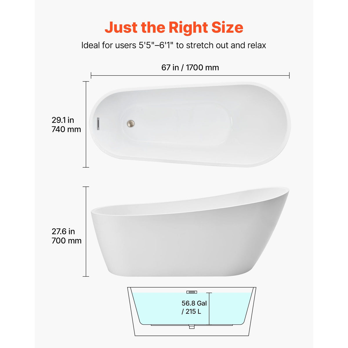 Acrylic Freestanding Bathtub, 67 Inch Contemporary Soaking White Tub with Brushed Nickel Overflow and Drain, Elegant Oval Shape Stand Alone Soaker Bathtub for Modern Bathroom or Remodel Project