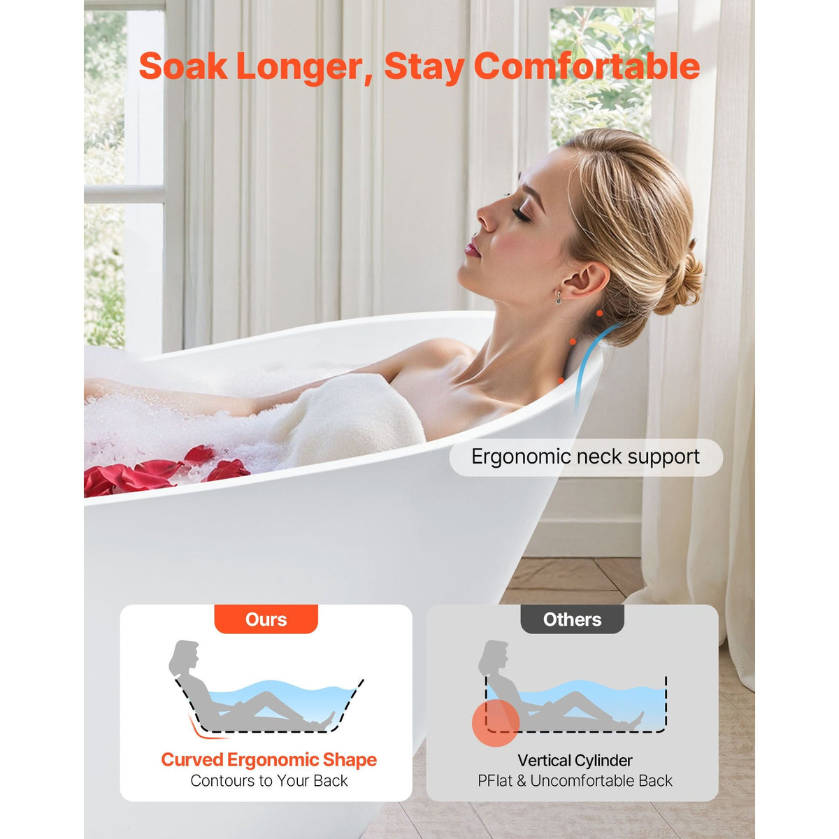 Acrylic Freestanding Bathtub, 67 Inch Contemporary Soaking White Tub with Brushed Nickel Overflow and Drain, Elegant Oval Shape Stand Alone Soaker Bathtub for Modern Bathroom or Remodel Project