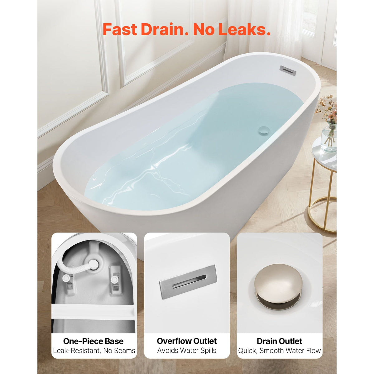 Acrylic Freestanding Bathtub, 67 Inch Contemporary Soaking White Tub with Brushed Nickel Overflow and Drain, Elegant Oval Shape Stand Alone Soaker Bathtub for Modern Bathroom or Remodel Project