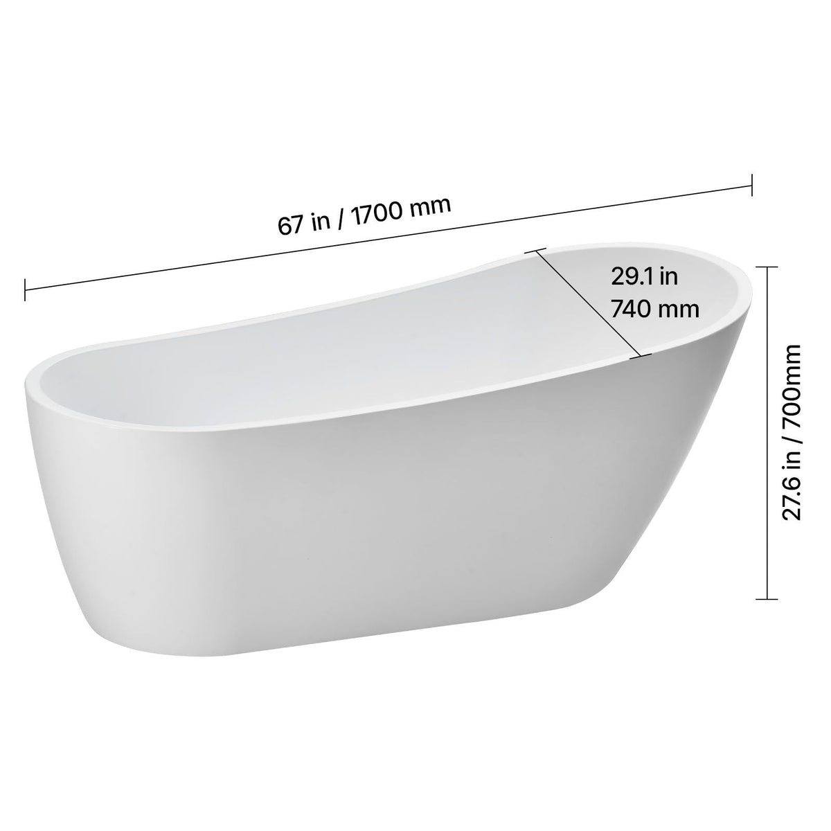 Acrylic Freestanding Bathtub, 67 Inch Contemporary Soaking White Tub with Brushed Nickel Overflow and Drain, Elegant Oval Shape Stand Alone Soaker Bathtub for Modern Bathroom or Remodel Project