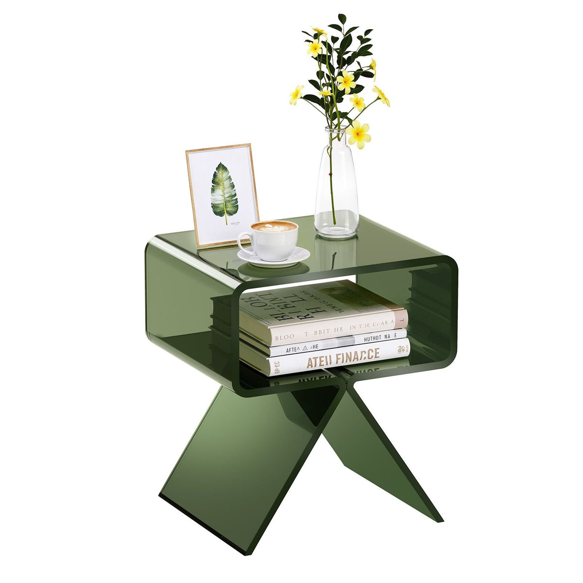 Acrylic Nightstand Side Table, Modern Clear Bedside Table with Storage Shelf, Transparent Small End Desk for Living Room, Bedroom, Home Decor, No Assembly Needed, 11.8 x 15.4 x 17 in (Green)