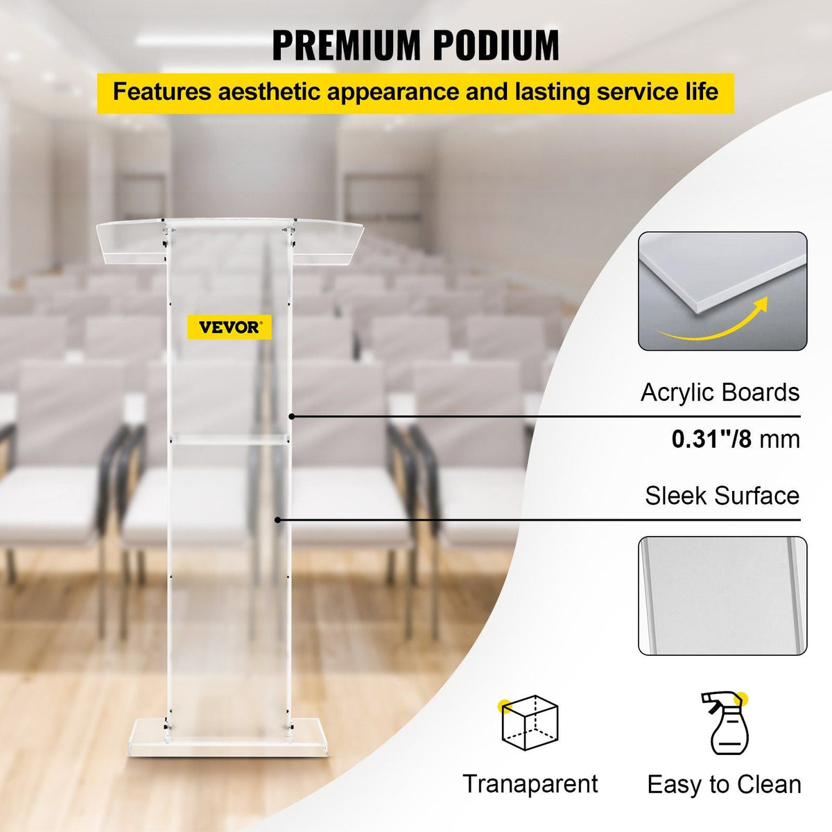 Acrylic Podium 45\" Tall Plexiglass Podium 26.8\"x15\" Table Acrylic Pulpits for Churches with 8 mm Thick Acrylic Board Acrylic Podiums and Lecterns Design for Lecture Recital Speech & Presentat