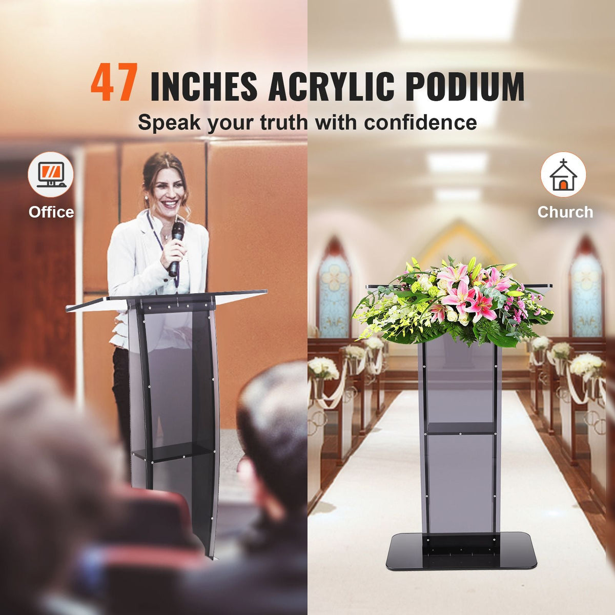 Acrylic Podium, 47" Acrylic Podium Stand with Wide Reading Surface & Storage Shelf, Floor-standing Clear Pulpits Acrylic for Church Office School, Black