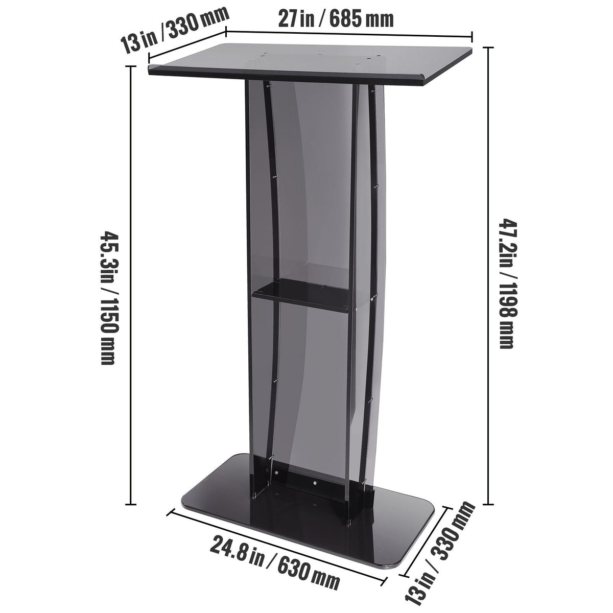 Acrylic Podium, 47" Acrylic Podium Stand with Wide Reading Surface & Storage Shelf, Floor-standing Clear Pulpits Acrylic for Church Office School, Black