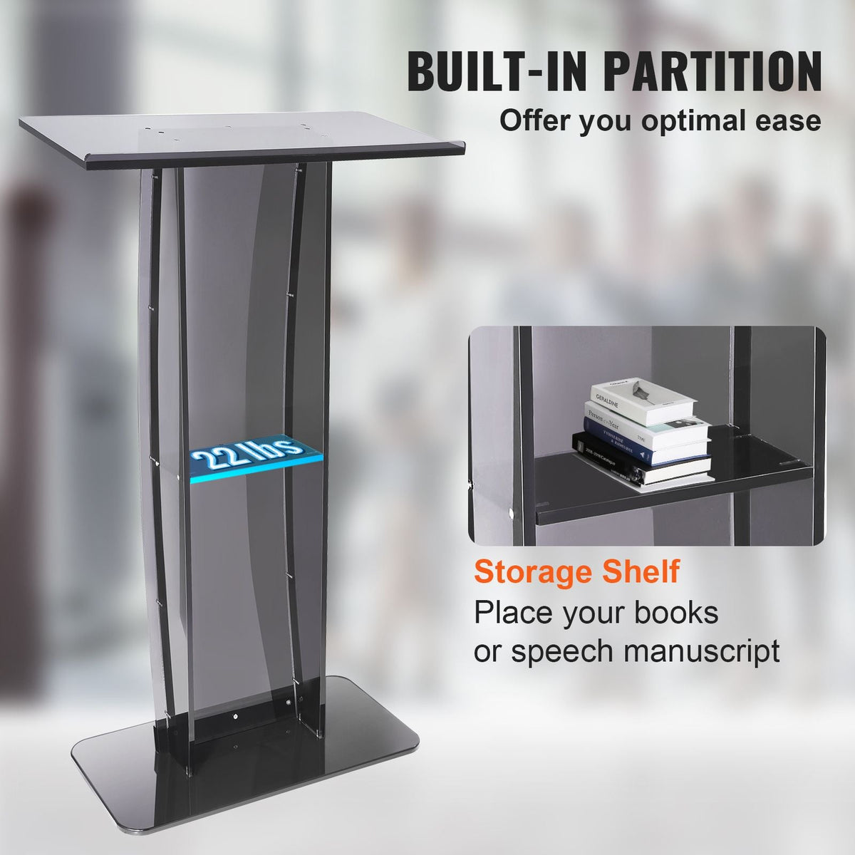 Acrylic Podium, 47" Acrylic Podium Stand with Wide Reading Surface & Storage Shelf, Floor-standing Clear Pulpits Acrylic for Church Office School, Black