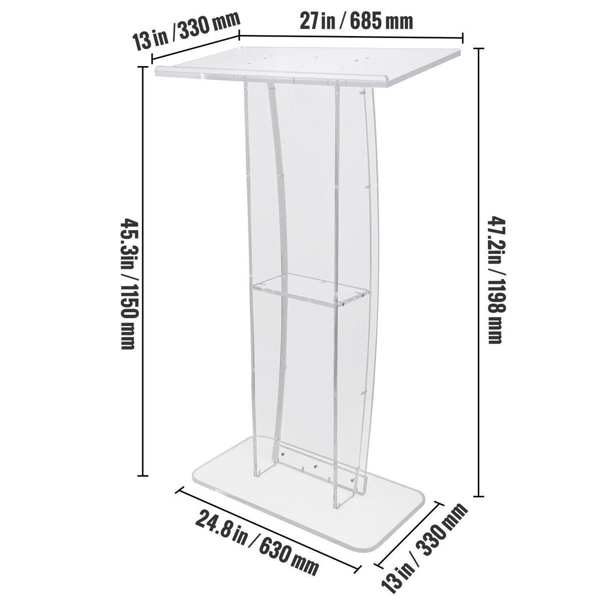 Acrylic Podium, 47" Clear Acrylic Podium Stand with Wide Reading Surface & Storage Shelf, Floor-standing Clear Pulpits Acrylic for Church Office School
