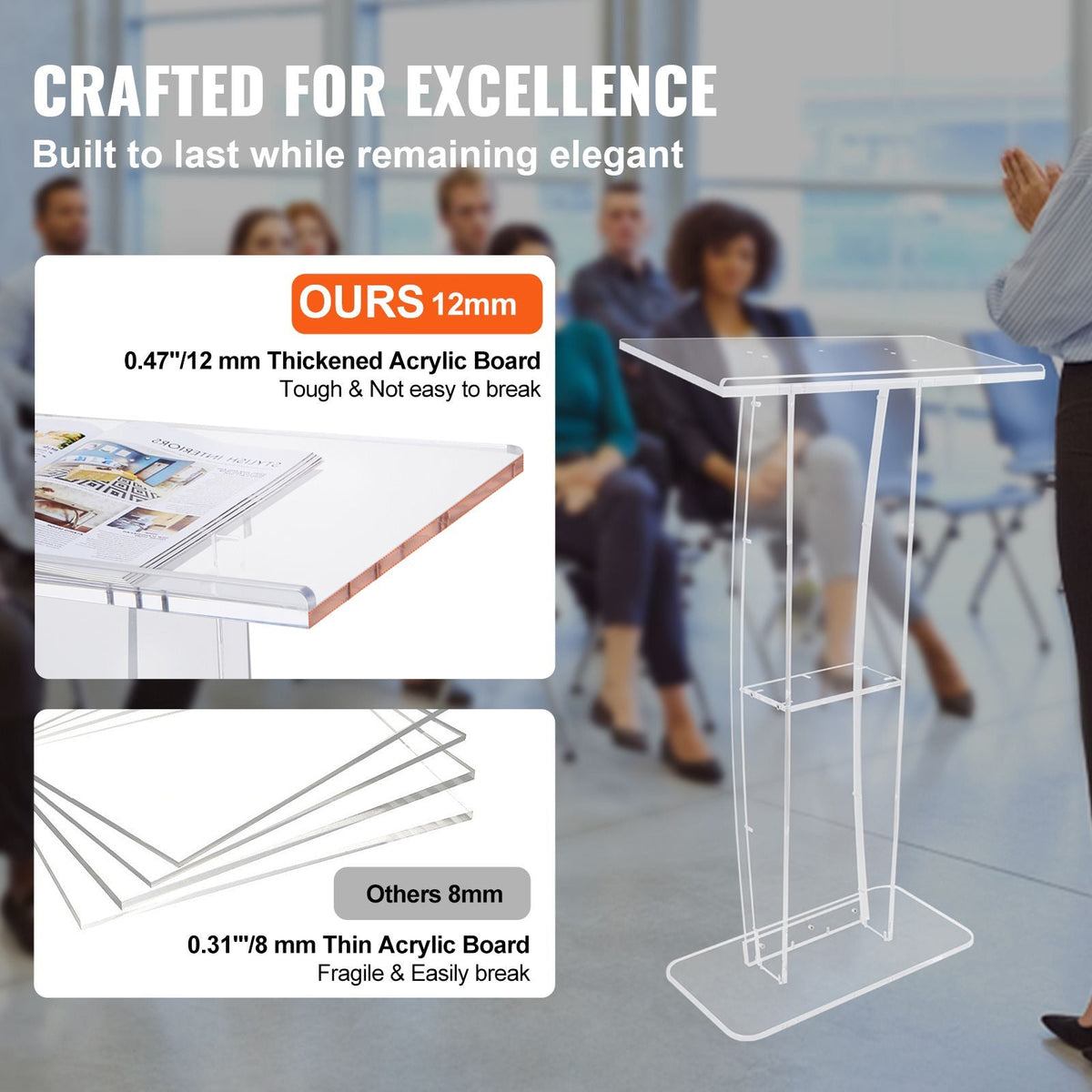 Acrylic Podium, 47" Clear Acrylic Podium Stand with Wide Reading Surface & Storage Shelf, Floor-standing Clear Pulpits Acrylic for Church Office School