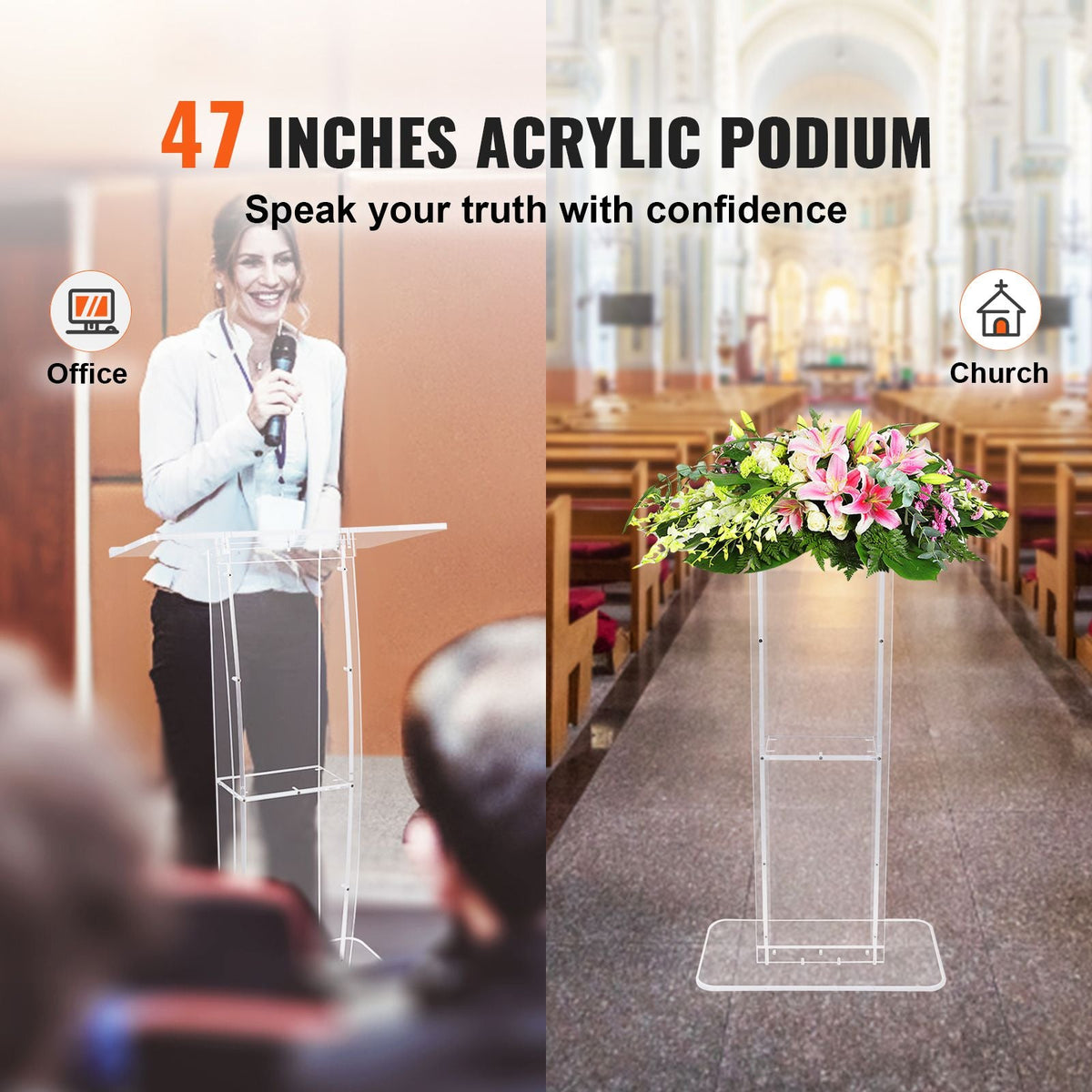 Acrylic Podium, 47" Clear Acrylic Podium Stand with Wide Reading Surface & Storage Shelf, Floor-standing Clear Pulpits Acrylic for Church Office School