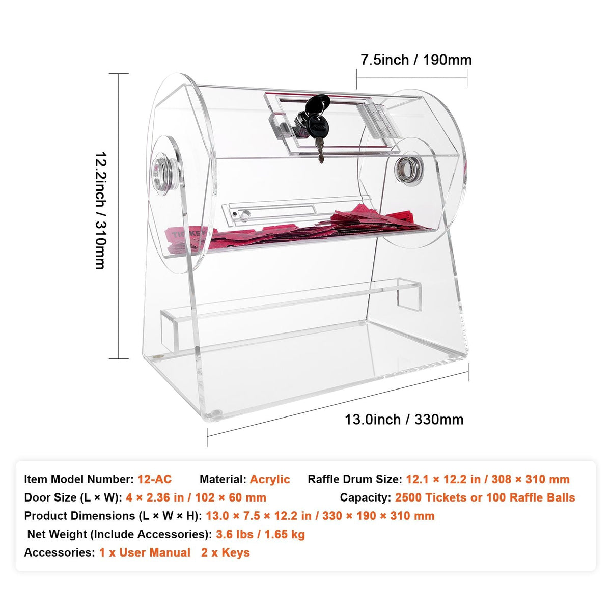 Acrylic Raffle Drum, Professional Raffle Ticket Spinning Cage with 2 Keys, Transparent Lottery Spinning Drawing, Holds 2500 Tickets or 100 Raffle Balls,Raffle Ticket Box for Lottery Games Bingo