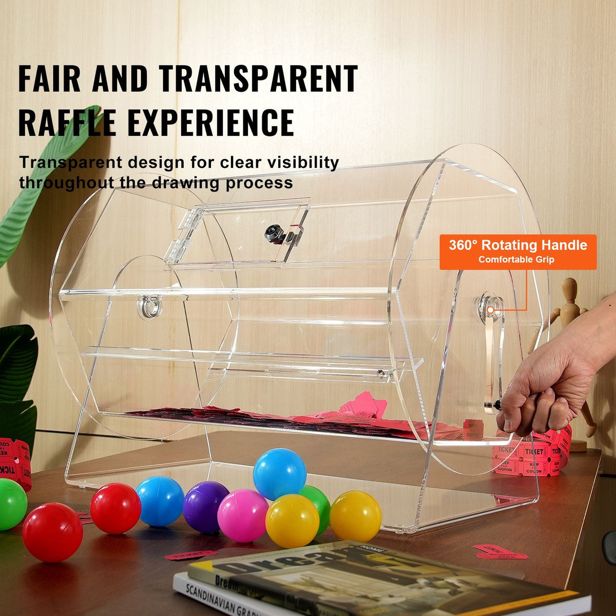 Acrylic Raffle Drum,Professional Raffle Ticket Spinning Cage with 2 Keys, Transparent Lottery Spinning Drawing, Holds 10000 Tickets or 300 Raffle Balls, Raffle Ticket Box for Lottery Games Bing